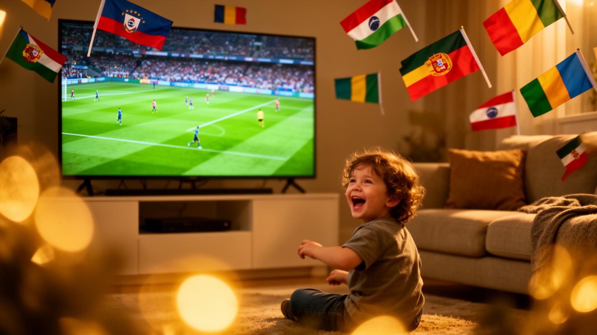 Criança assistindo Copa do Mundo cercada por bandeiras